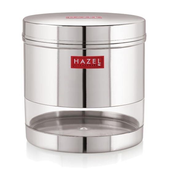 HAZEL Stainless Steel Transparent Wide Mouth See Through Container, Silver, 1 PC, 1350 Ml