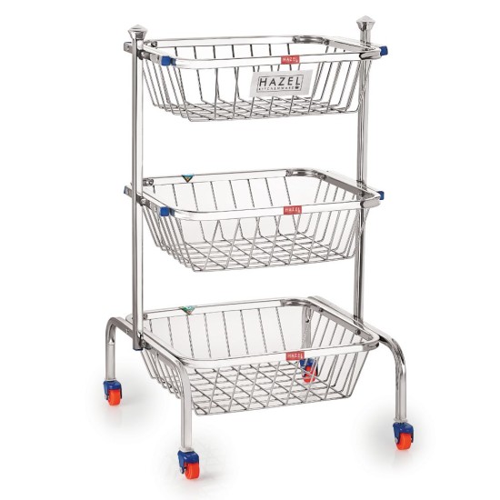 HAZEL Stainless Steel Kitchen Rack Stand For Fruit Vegetable Multipurpose Multi Shelves Storage Basket Trolley with Wheel, 25.28 Inches Height