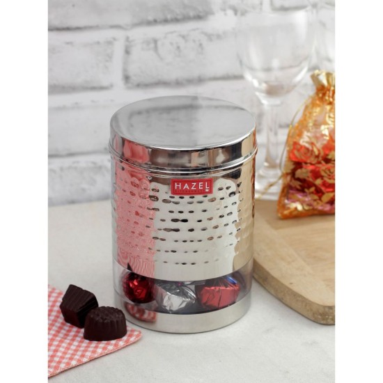 HAZEL Stainless Steel Hammered Finish Transparent Glossy See Through Container, 1350 ML, Silver