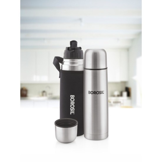 Borosil Hydra Thermo Stainless Steel Vacuum Insulated Flask Water Bottle, 500 ML, Black