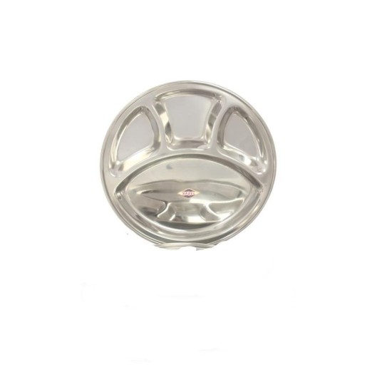 HAZEL Stainless Steel Round Plate Thali With 4 Compartment Mess Plate Lunch Dish, Small, 1 Pc