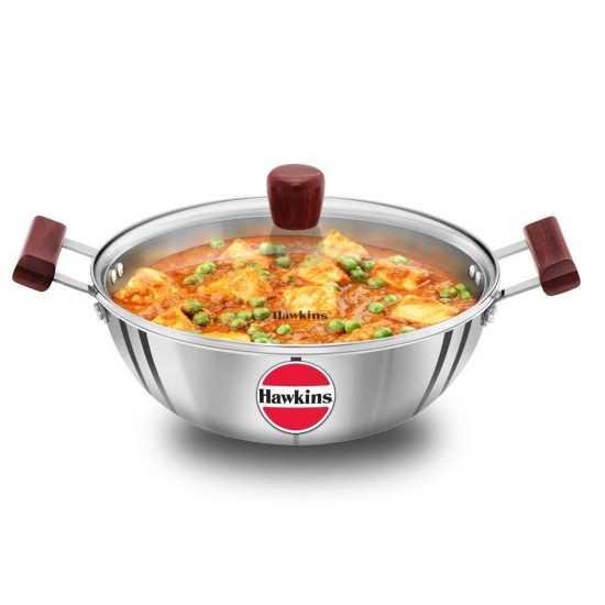 Hawkins 4 Litre Deep Kadhai, Triply Stainless Steel Kadai with Glass Lid, Flat Bottom Induction Kadhai, Big Kadai, Silver (SSK40G)