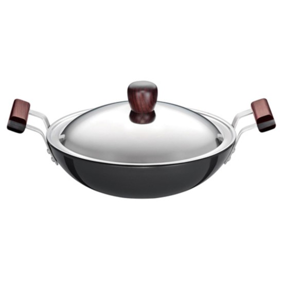 Futura Hard Anodised 4.06 mm Deep-Fry Pan With Stainless Steel Lid 2.75 Ltr, 26 cm, Black