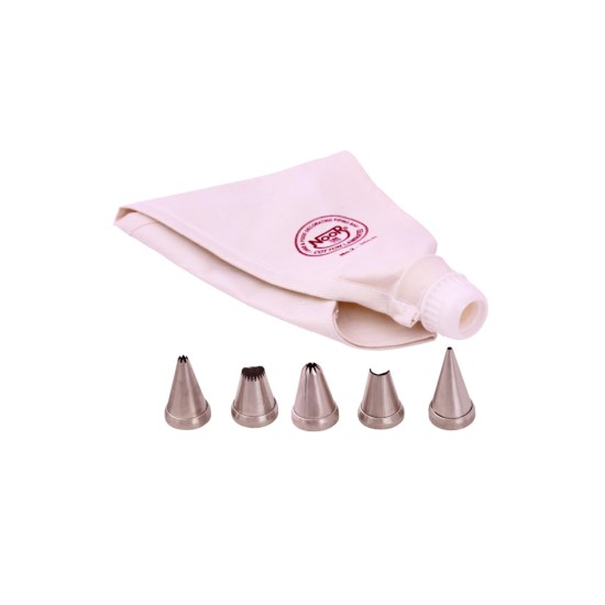 Noor Cake Decoration Cotton Icing Bag (Reusable) 35cm With 5 Nozzle S2, Cream