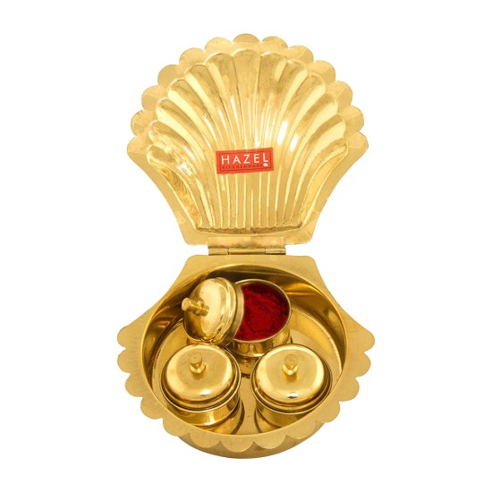 HAZEL Brass Shell Shape Kori Karanda Haldi Kumkum Box, 11.5 x 11.5 cm, Golden