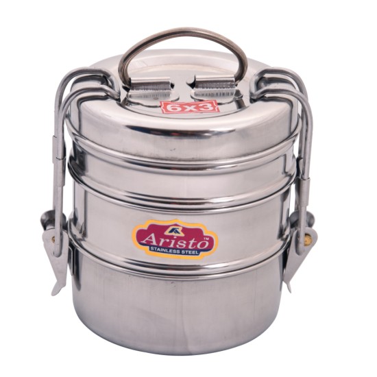 Aristo tiffin 6x3 , 370 ml Stainless Steel container,Silver 