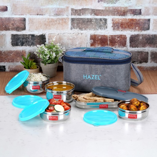 HAZEL Lunch Box for Office Men & Women with Lunch Bag | Tiffin Set of 5 Air Tight Steel Box (2 Pc - 450 ML, 2 Pc -300 ML and 1 Roti Chapati Conatiner) Lunch Box Bag