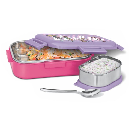 MILTON Flatmate Barbie Inner Stainless Steel Tiffin Box, 700 ml, with Inner Stainless Steel Container, 200 ml and Spoon, Cherry Pink