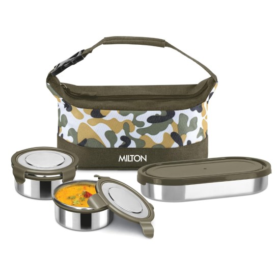 MILTON Camo Delight Stainless Steel Tiffin (2 Click Lock Round Containers, 380 ml Each; 1 Oval Container, 450 ml) with Insulated Jacket, Military Green