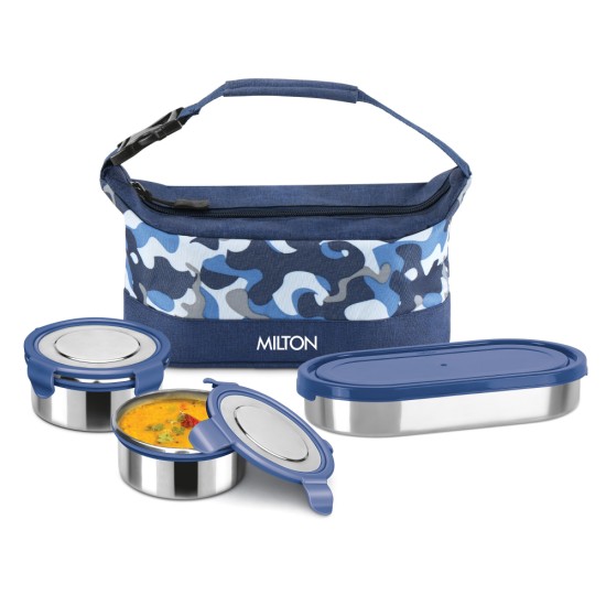 MILTON Camo Delight Stainless Steel Tiffin (2 Click Lock Round Containers, 380 ml Each; 1 Oval Container, 450 ml) with Insulated Jacket, Blue