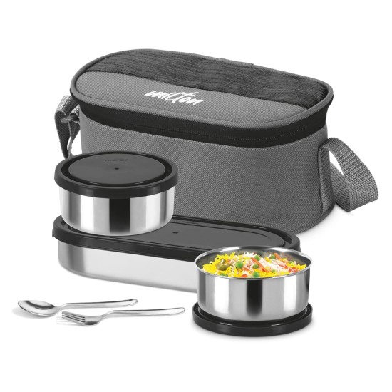 MILTON Master Stainless Steel Lunch Box (Oval Container, 450ml; 2 Leak Proof Round Container, 280 ml; Spoon & Fork) with Insulated Jacket, Black
