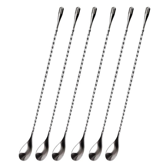 HAZEL Stainless Steel Bar Spoon | Teardrop Twisted Design Bar Stirrer, Set of 6