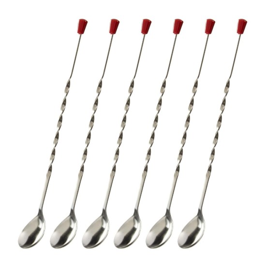 HAZEL Stainless Steel Bar Spoon | Teardrop Twisted Design Bar Stirrer With Red Knob, Set of 6