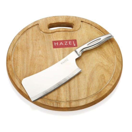 HAZEL Wooden Round Chopping Board for Kitchen with Stainless Steel Chopper Sharp knife, Set of 2