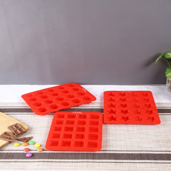 HAZEL Silicone Chocolate Square Star Flower 3D DIY Homemade Candy Baking Mould, Reusable Oven Safe Food Grade, Set of 3, Red