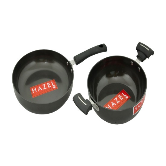 HAZEL 3 mm Hard Anodised Cookware Set Aluminium Anodized Kadai Frying Pan With Induction Base Set of 2 Pc, 20 cm Kadhai with 22 cm Fry Pan, Black