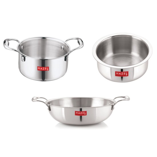 HAZEL Triply Stainless Steel Induction Bottom Tope and Tope With Handle 3.6 Litre, Kadhai 1.5 Litre