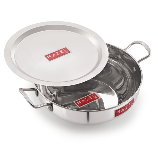 HAZEL Induction Base Kadai Kadhai | Stainless Steel Deep Karahi Induction Bottom Kadahi With Steel Lid Cover 24.7 cm Cookware Utensil, (Kadhai 22 cm, 2500 ml), Silver