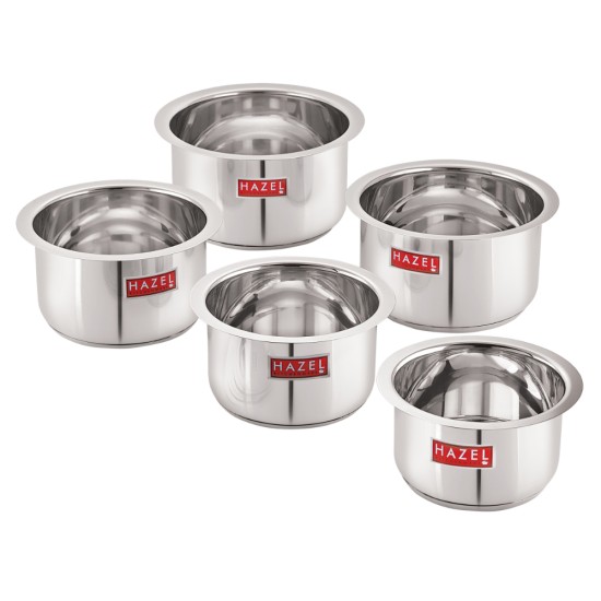 HAZEL Induction Base Tope Stainless Steel Heavy Base Thick Flat Bottom Patila Cookware Utensil For Kitchen, (1100 ml to 3300ml) Set of 5 Topes, Silver