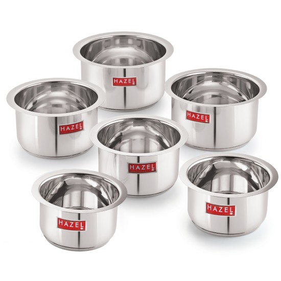 HAZEL Induction Base Tope Stainless Steel Heavy Base Thick Flat Bottom Patila Cookware Utensil For Kitchen, (1100 ml to 3900ml) Set of 6 Topes, Silver