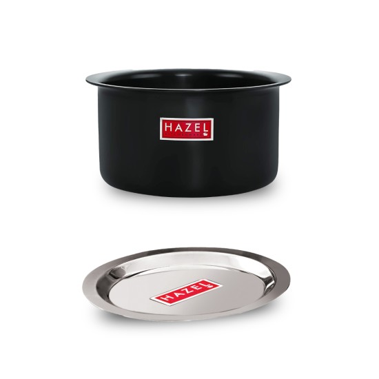 HAZEL Hard Anodised Aluminium Tope With Lid | Hard Anodised Cookware Boiling Tope Patila With Steel Lid Cover For Cooking (Tope Capacity 4800ml, Lid 26.2 cm), Black