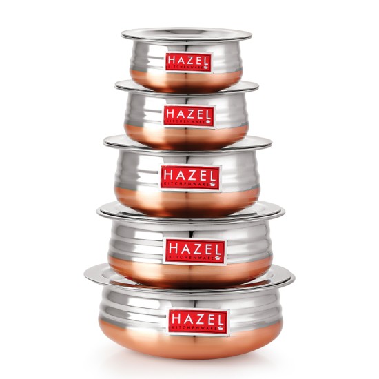 HAZEL Copper Bottom Urli Handi Set With Lid Cover| Premium Stainless Steel Cookware Set | Serving Cooking Tope Bowl For Kitchen | Copper Bottom Vessels For Cooking, 5 Piece