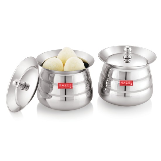 HAZEL Stainless Steel Serving Handi Set of 2 | Dal Handi Set for Serving | Serving Handi Small with Lid | 2 Piece Serving Pot, 500 ml