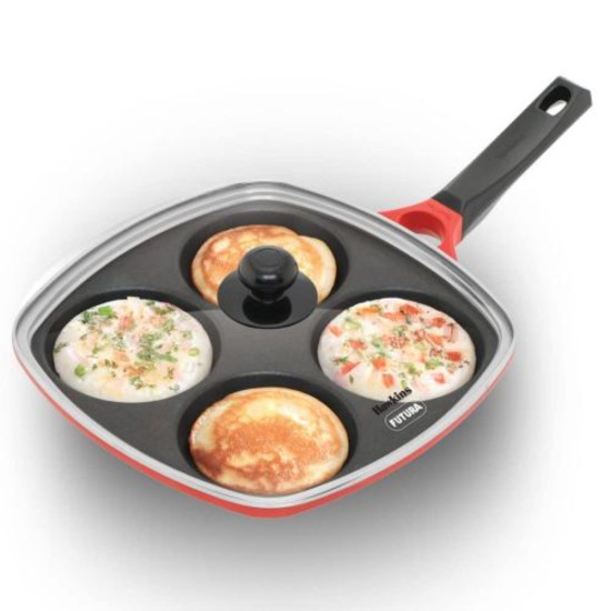 Hawkins 30 cm Die-Cast Multi Snack Pan with Glass Lid, Nonstick Mini Uttapam Tawa, Pancake Pan, Red