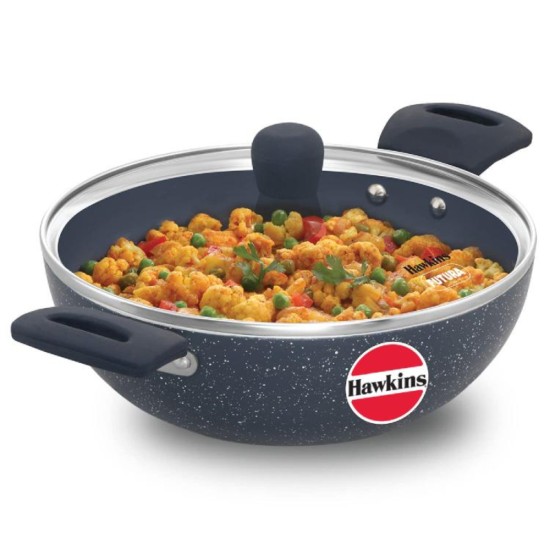 Hawkins Ceramic Nonstick 2.5 Litre Deep Kadhai, Induction Deep Fry Pan with Glass Lid, Granite Kadai