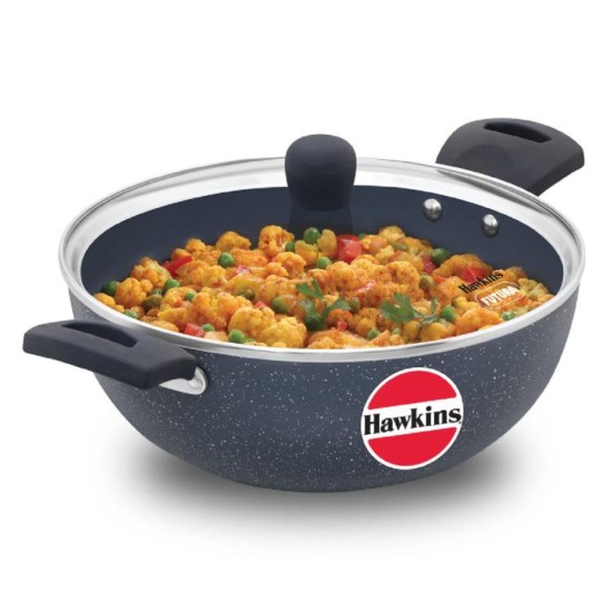 Hawkins Ceramic Nonstick 3.5 Litre Deep Kadhai, Induction Deep Fry Pan with Glass Lid, Granite Kadai