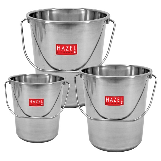 HAZEL Stainless Steel Non Joint Leak Proof Water Storage Bucket Set Of 3, 4 Ltr to 12.5 Ltr, Silver