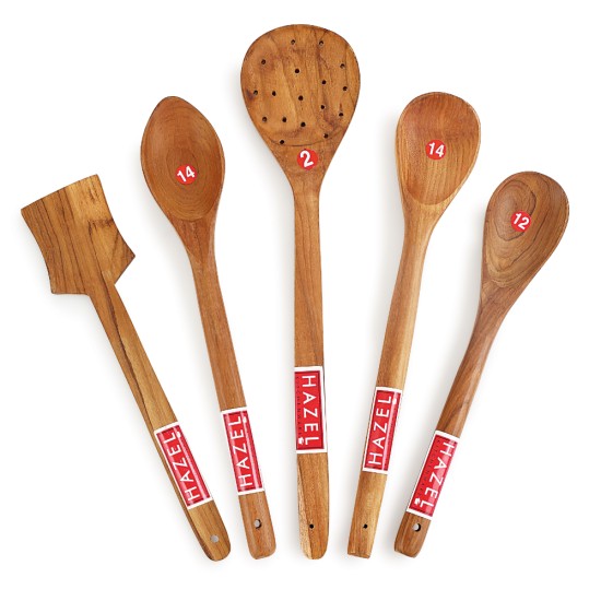 HAZEL Wooden Kitchen Tools Spoon Set of 5 (Pan Spatula Small, Oval Spatula Small, Serving Jhara, Taveta, Oval Spatula Large)