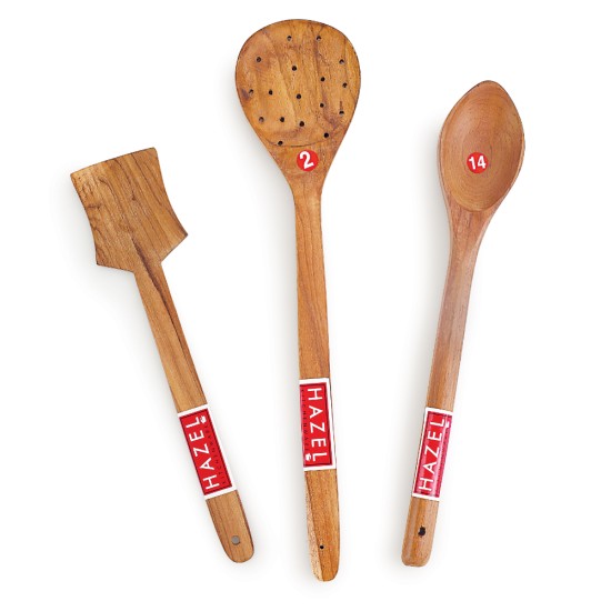 HAZEL Wooden Kitchen Tools Spoon Set of 3 (Serving Jhara, Taveta, Pan Spatula Small)