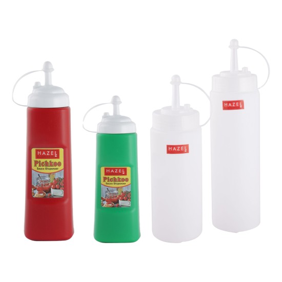 HAZEL Transparent Sauce Bottle & Ketchup Squeeze Bottle | Combo of 4 Set Plastic Squeeze Bottle| Ideal for using at Home & Restaurent, Set of 4