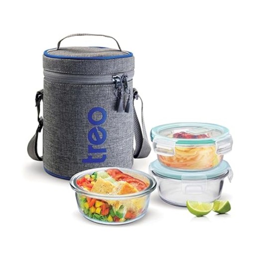 TREO by Milton All Fresh Borosilicate Glass Tiffin Lunch Box 3 Round Containers, 380 ml each