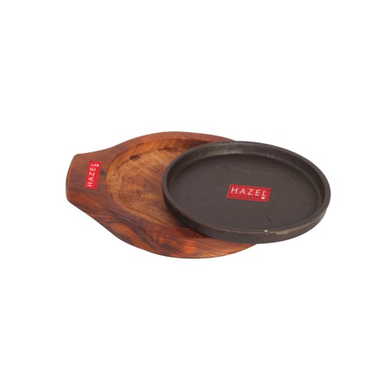 HAZEL Sizzling Brownie Sizzler Plate / Tray with Wodden Base Round 7 inch