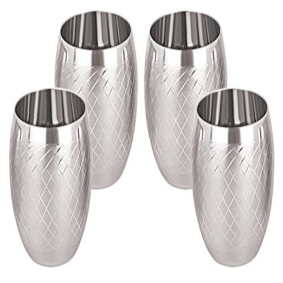 Tanishk Designer 3D Steel Juice Glasses, 260 ml, 4 Pc, Silver 