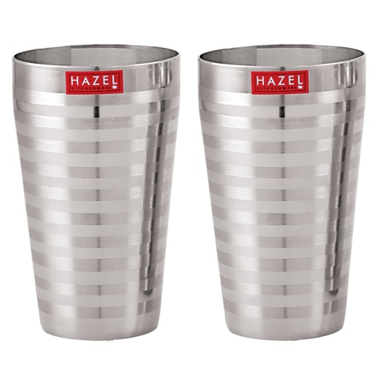 HAZEL Stainless Steel Stripped Design Traditional Shape Jumbo Water Lassi Glass Set of 2, 750 ML Each