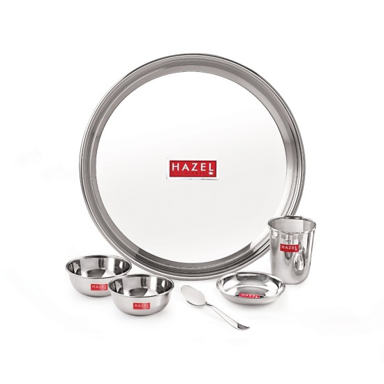 HAZEL Stainless Steel Dinner Set Of 6 | Dinner Set Steel (1 Steel Plate, 1 Steel Glass, 2 Bowl, 1 Dessert Plate, 1 Spoon) 6 Pieces, Silver