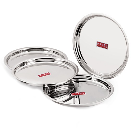 HAZEL Stainless Steel Plates Set | Premium Mirror Finish Thali Set Stainless Steel | Heavy Gauge Steel Plates Set For Dinner & Lunch Set of 4, 25 cm 