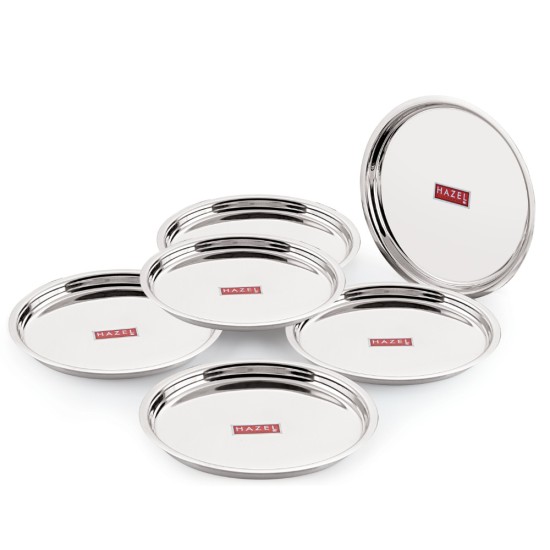 HAZEL Stainless Steel Plates Set | Premium Mirror Finish Thali Set Stainless Steel | Heavy Gauge Steel Plates Set For Dinner & Lunch Set of 6, 25 cm 