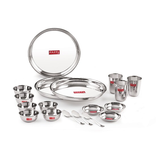 HAZEL Stainless Steel Dinner Set Of 18 | Dinner Set Steel (3 Steel Plate, 3 Steel Glass, 6 Bowl, 3 Dessert Plate, 3 Spoon) 18 Pieces, Silver