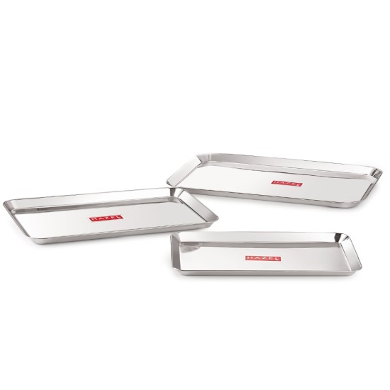 HAZEL Stainless Steel Serving Trays Rectangle Premium Dining Table Plater Set of 3, Silver, 1 Small, 1 Medium and 1 Large