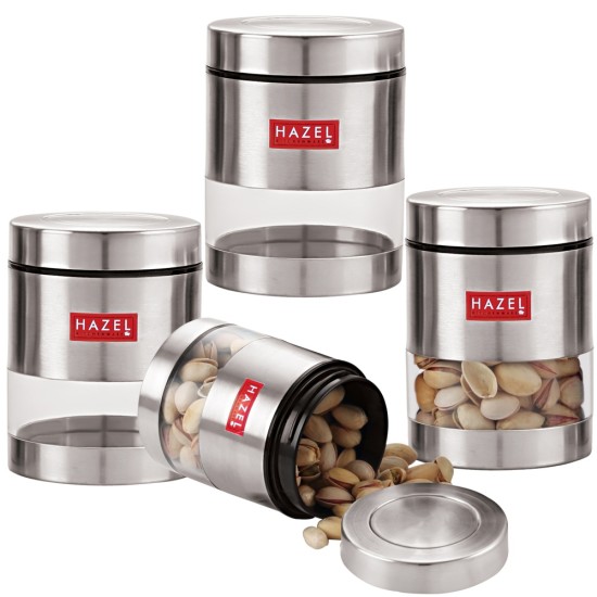 HAZEL Stainless Steel Transparent See Through Container Set of 4, Silver, 500 ML Each