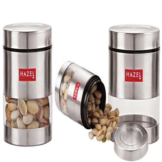 HAZEL Stainless Steel Transparent See Through Container Set of 3, Silver, 500 ML Each