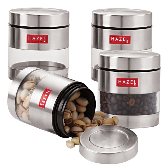 HAZEL Stainless Steel Transparent See Through Container Set of 4, Silver, 400 Ml Each