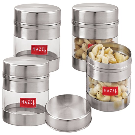 HAZEL Stainless Steel Transparent See Through Container Set of 4, Silver, 350 ML Each