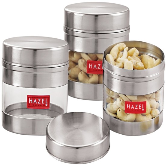 HAZEL Stainless Steel Transparent See Through Container Set of 3, Silver, 350 ML Each