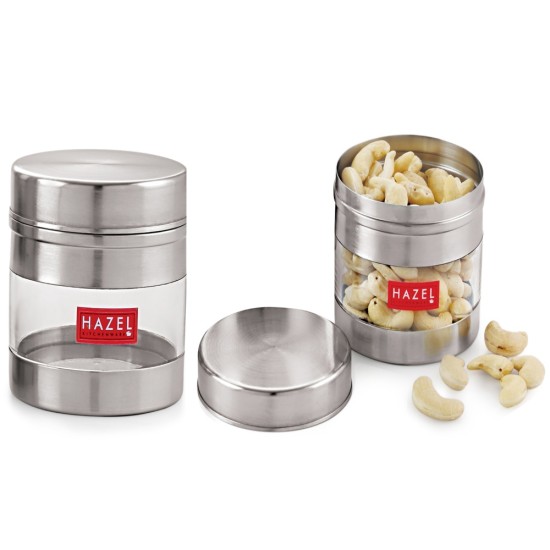 HAZEL Stainless Steel Transparent See Through Container Set of 2, Silver, 350 ML Each