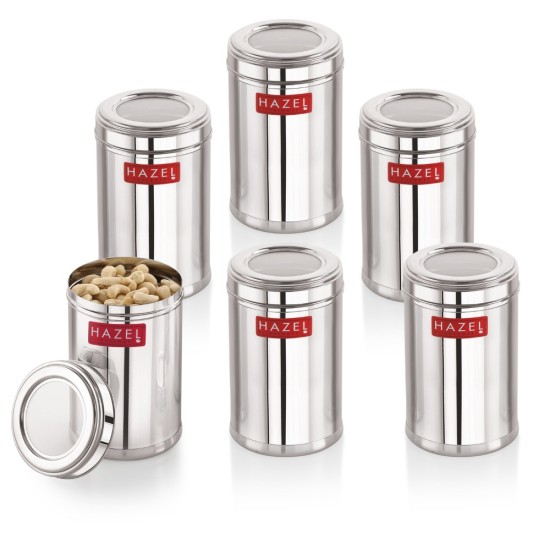 HAZEL Stainless Steel Kitchen Container with Transparent Lid | Top See Through Kitchen Container Set with Matt Finish | Multipurpose Container for Kitchen Storage, 1100 ML, Set of 6